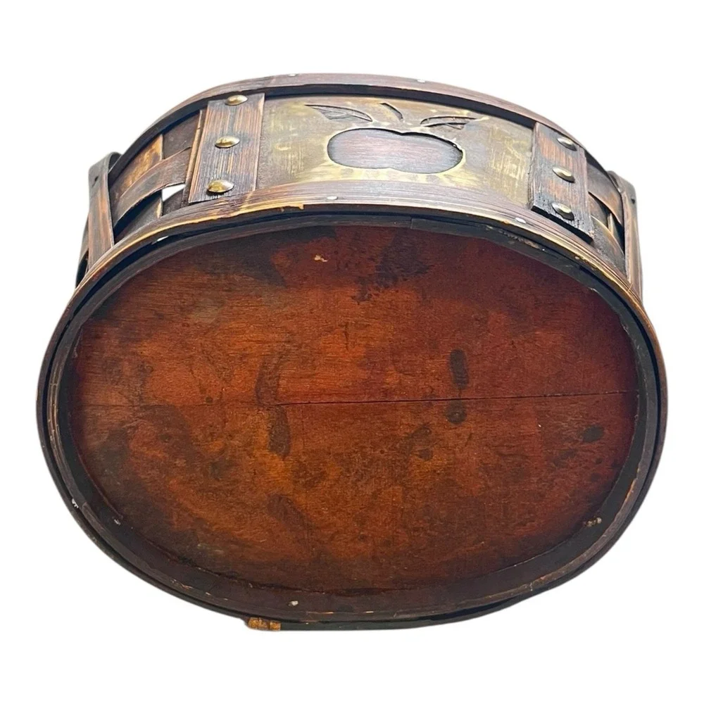 Wood & Tin Basket with Handle Apple & Leaf‎ Appliqué Fall Harvest Thanksgiving
